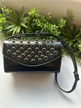 Vintage Black Patent Bag with Gold Stud Accents Double clutch shoulder bag